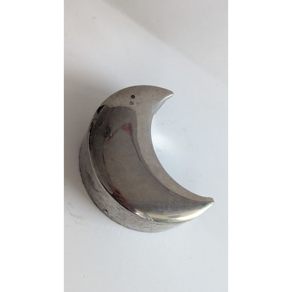Silver Tone Crescent Moon Velvet Lined Metal Trinket Jewelry Box Celestial Decor